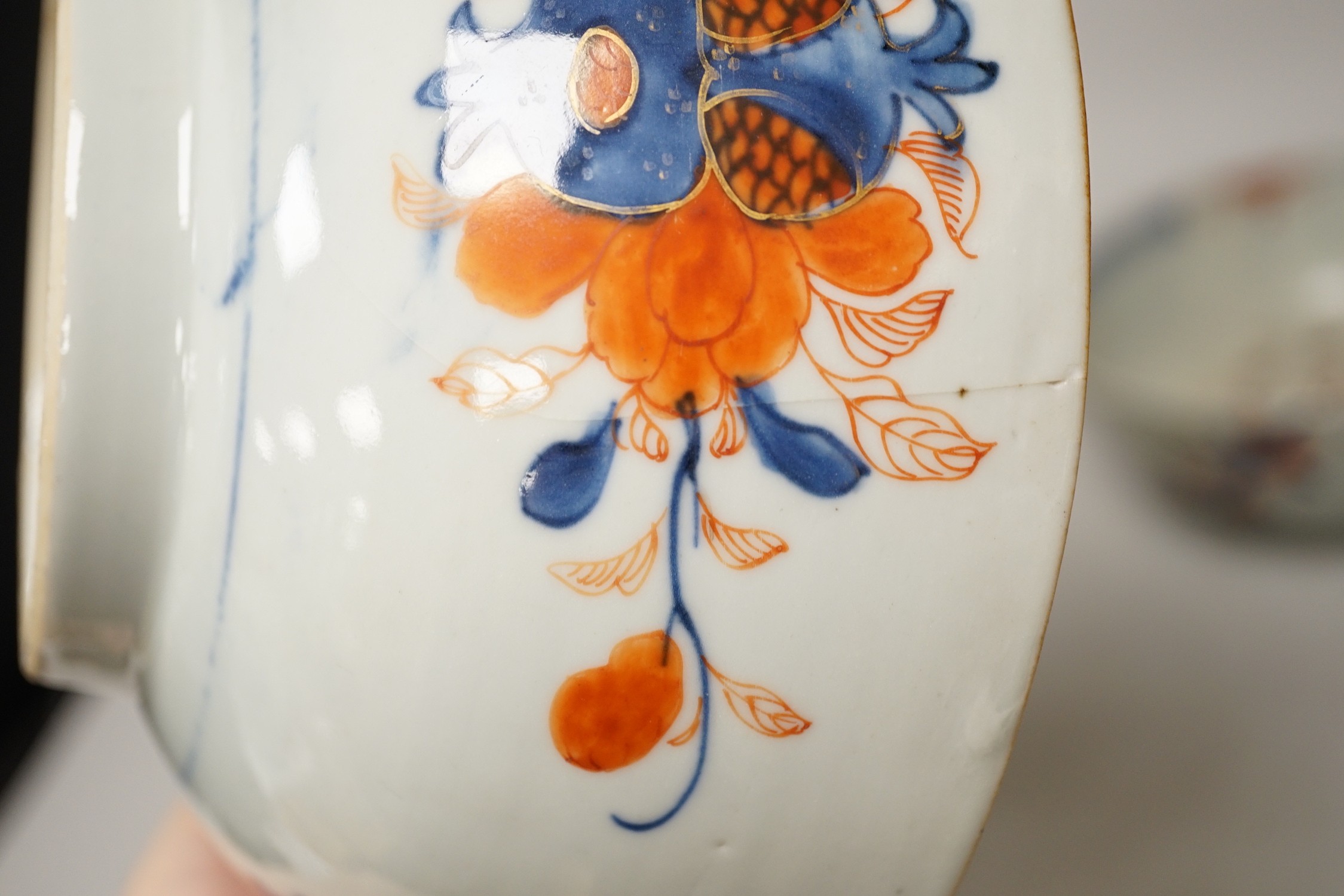 Six 18th century Chinese porcelain bowls (a.f.) and a Chinese imari plate, largest bowl 20cm diameter